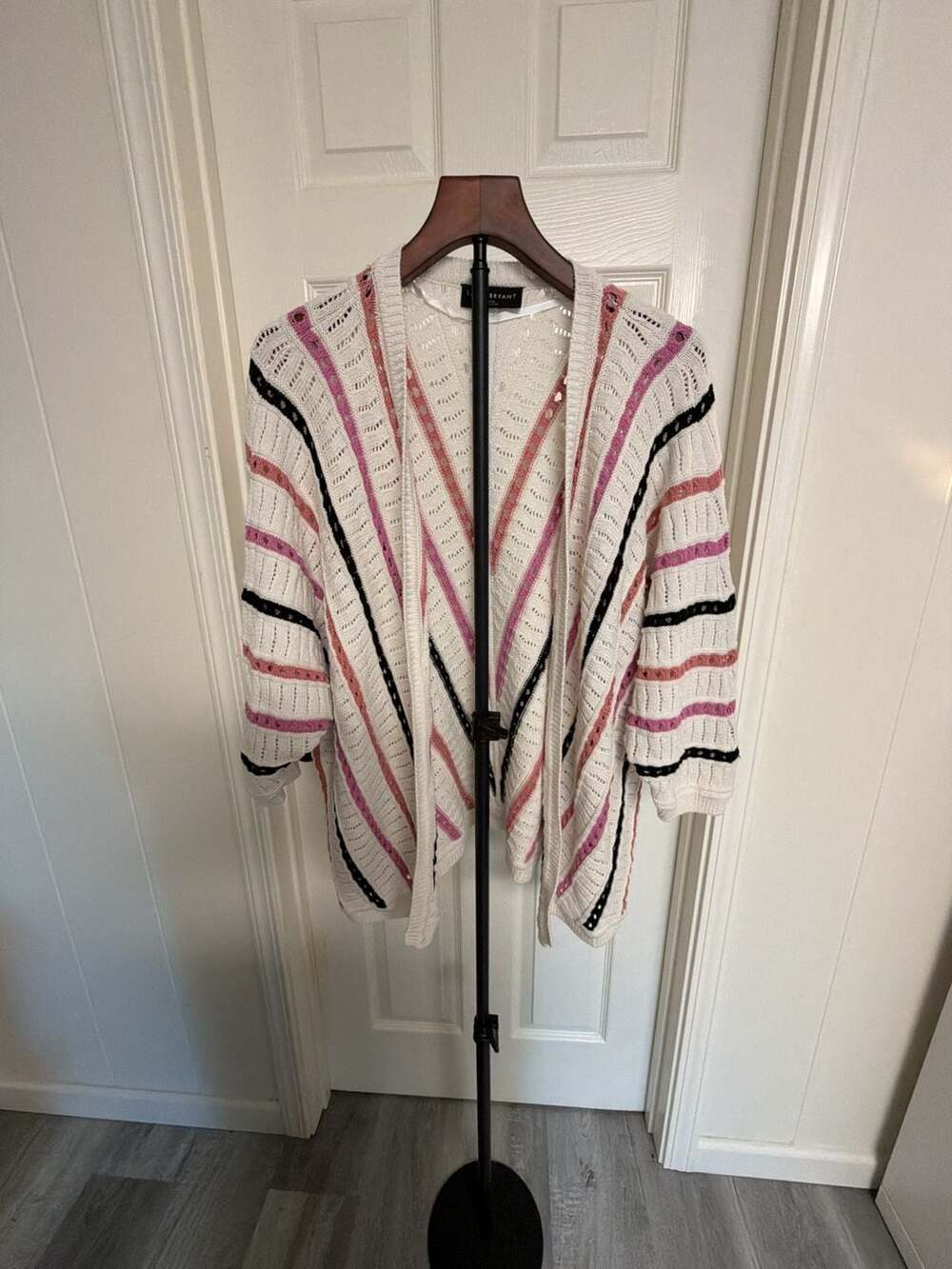 Lane Bryant 22/24 White Striped Open Weave Knit Cardigan Sweater/153